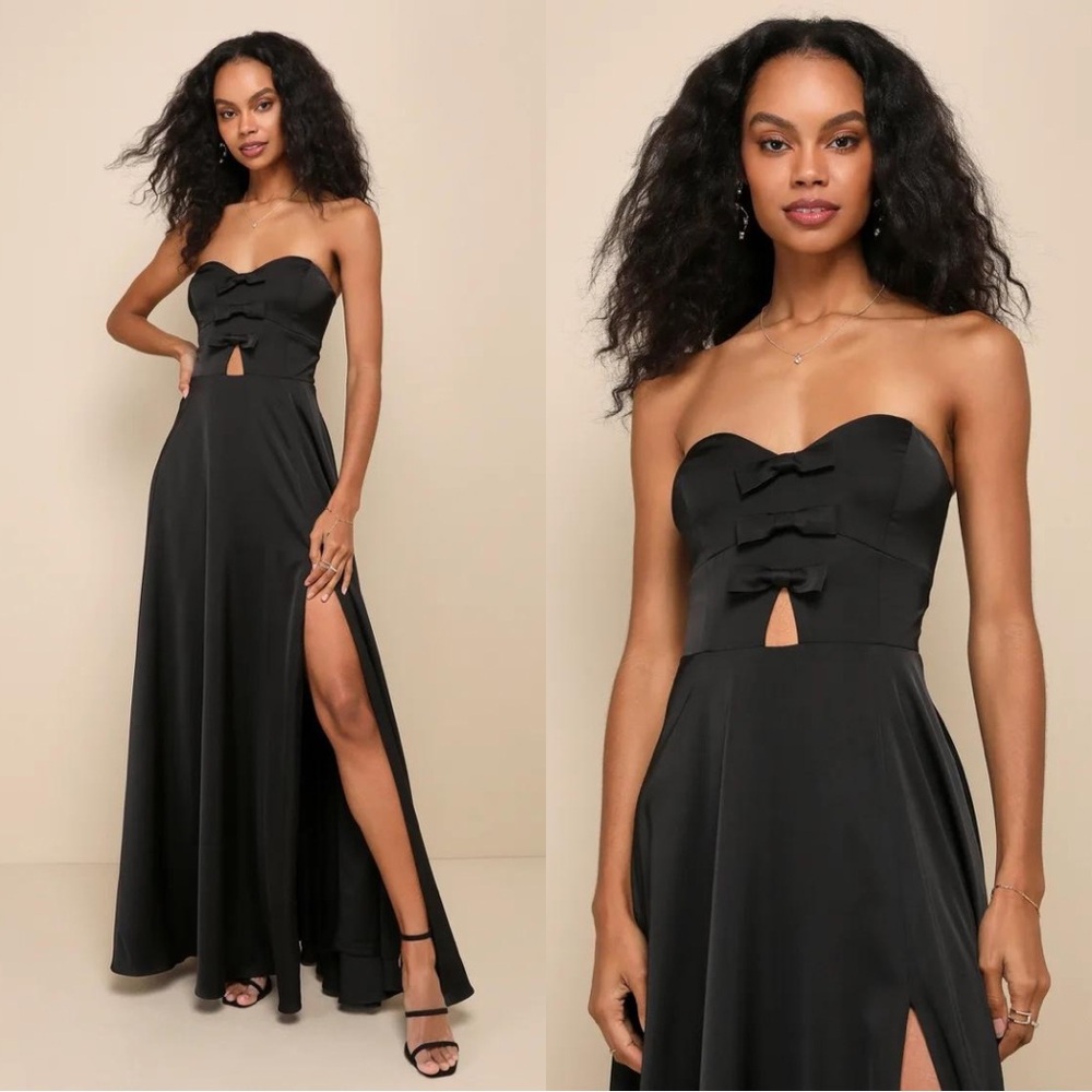 NEW Lulu’s Upscale Poise Black Satin Bow Strapless Maxi Dress Black